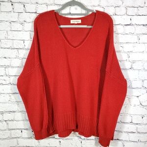 Lucky Brand Holiday Red Knit Sweater V Neck Pullover Casual Size XL Career